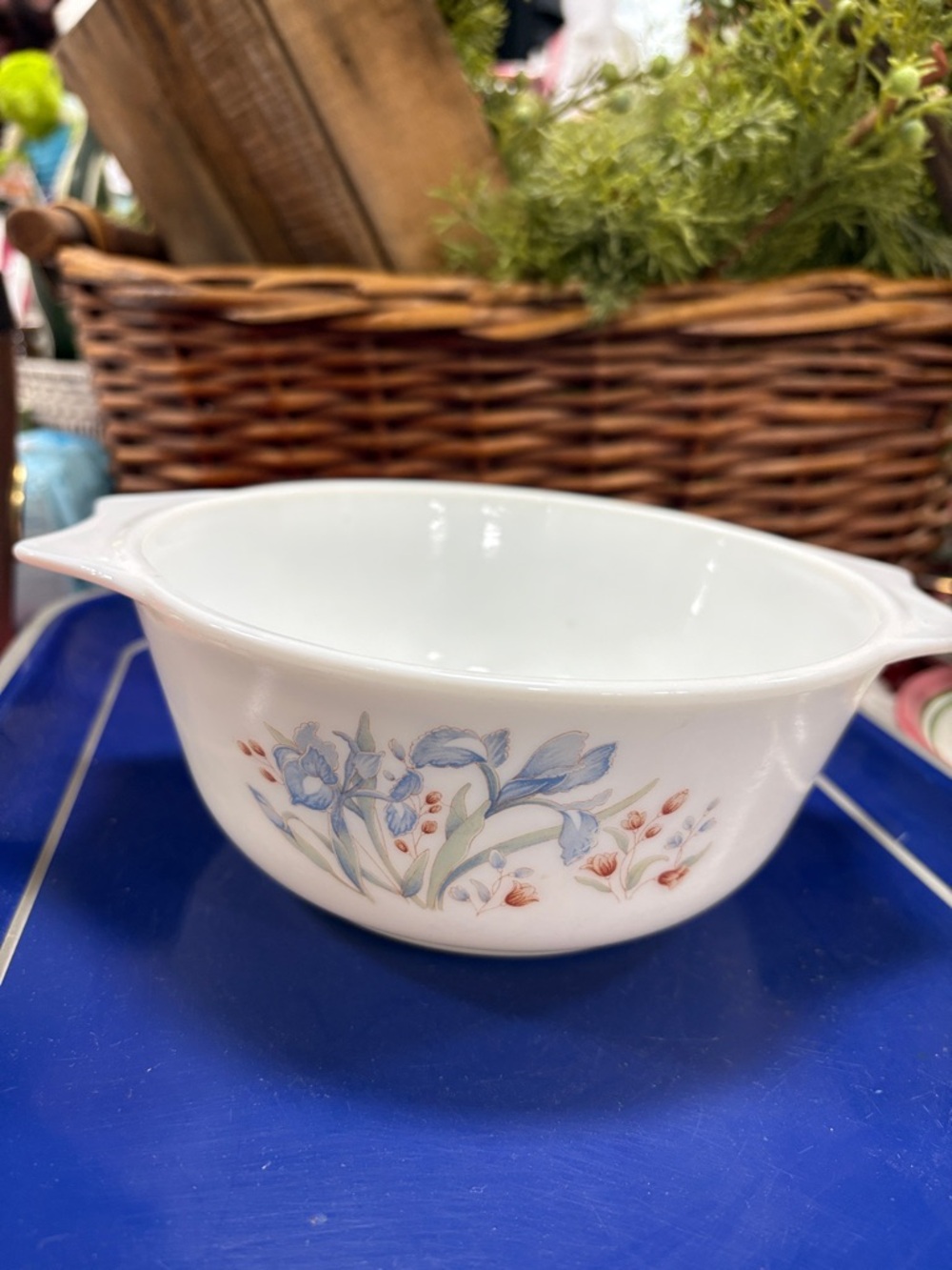 vintage Pyrex England Blue Iris casserole dish